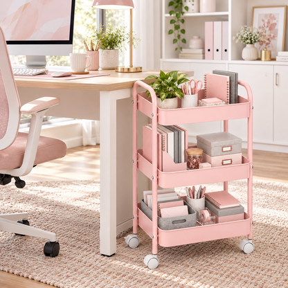 3-Tier Slim Metal Storage Trolley on Wheels - Blush Pink