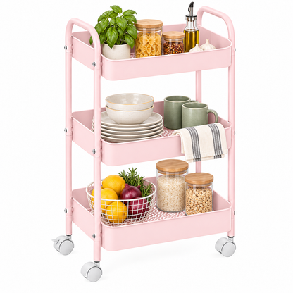 3-Tier Slim Metal Storage Trolley on Wheels - Blush Pink