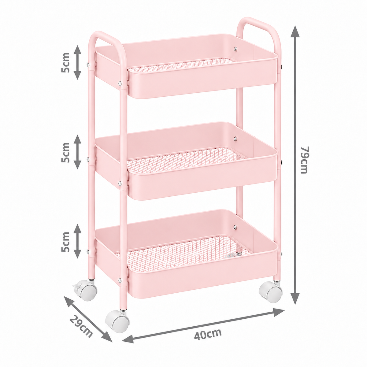 3-Tier Slim Metal Storage Trolley on Wheels - Blush Pink