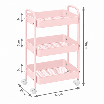 3-Tier Slim Metal Storage Trolley on Wheels - Blush Pink