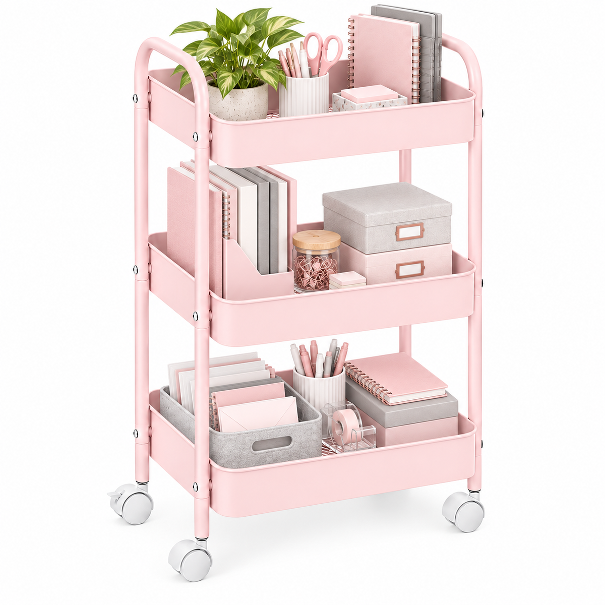 3-Tier Slim Metal Storage Trolley on Wheels - Blush Pink
