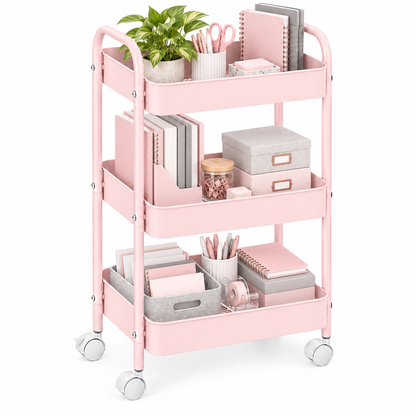 3-Tier Slim Metal Storage Trolley on Wheels - Blush Pink