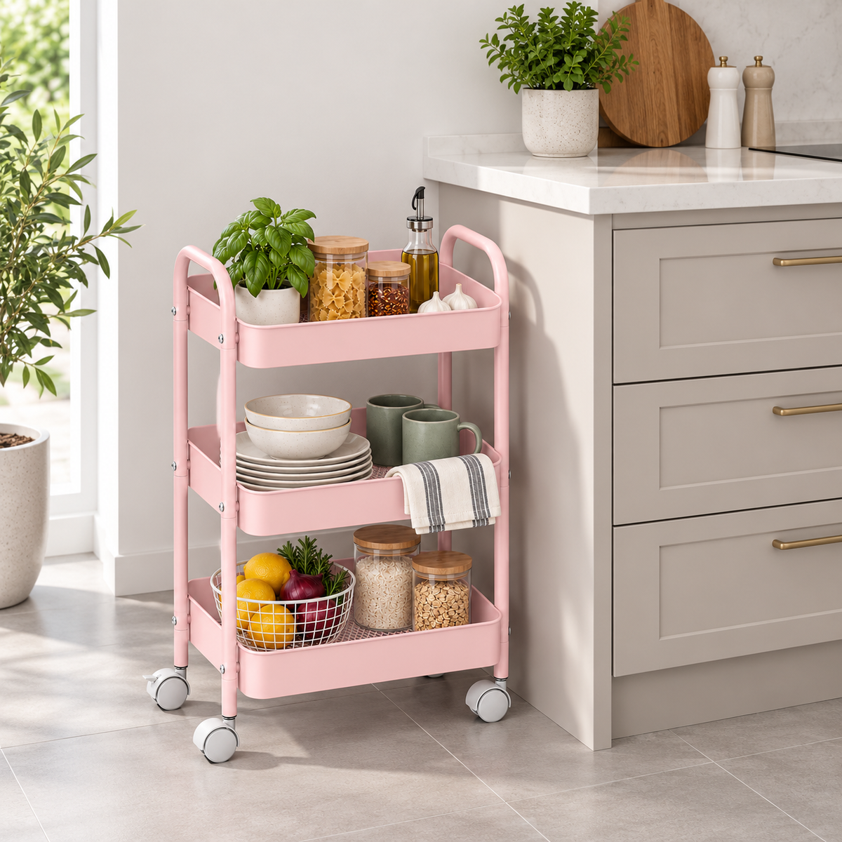 3-Tier Slim Metal Storage Trolley on Wheels - Blush Pink
