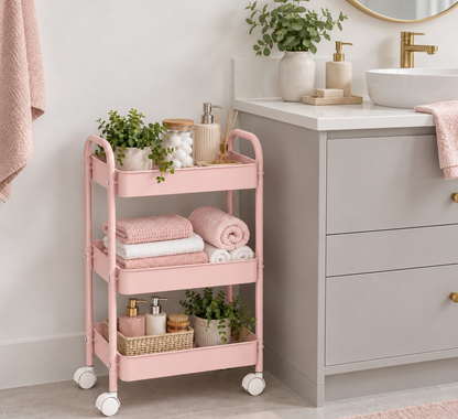 3-Tier Slim Metal Storage Trolley on Wheels - Blush Pink