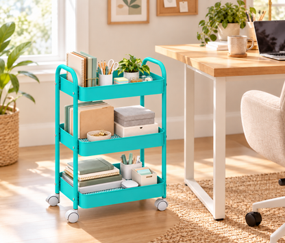 3-Tier Slim Metal Storage Trolley on Wheels - Sky Blue