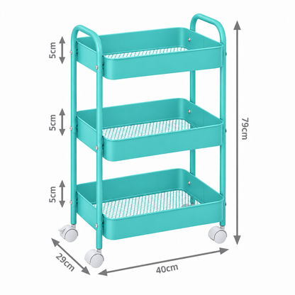 3-Tier Slim Metal Storage Trolley on Wheels - Sky Blue