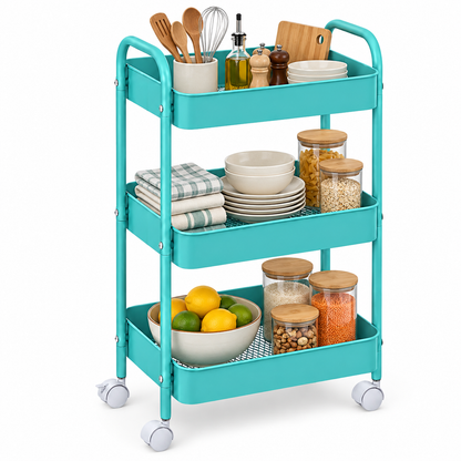 3-Tier Slim Metal Storage Trolley on Wheels - Sky Blue