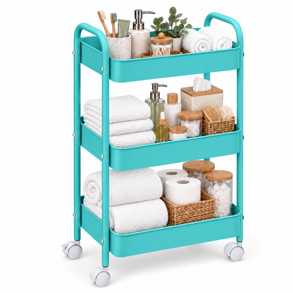 3-Tier Slim Metal Storage Trolley on Wheels - Sky Blue
