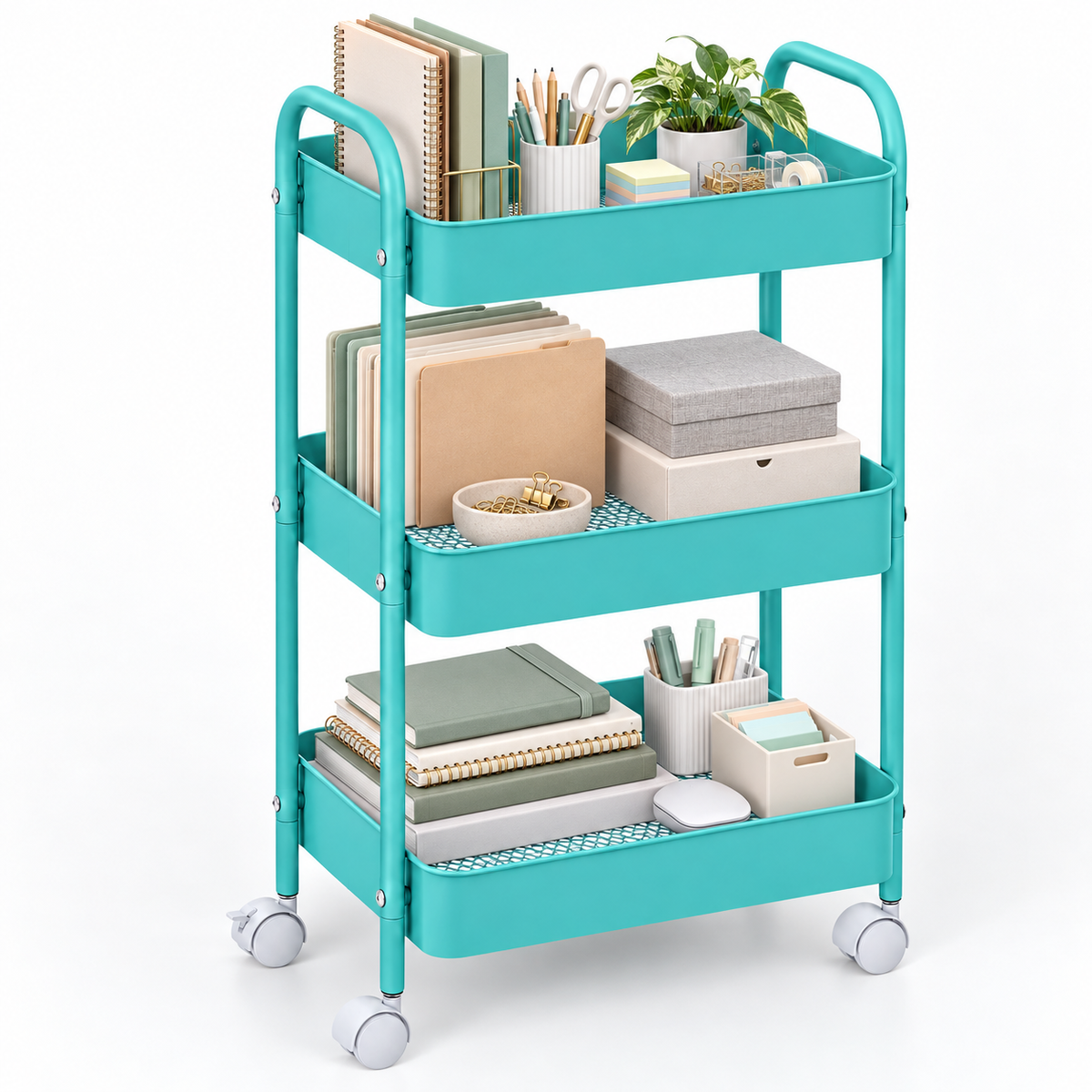 3-Tier Slim Metal Storage Trolley on Wheels - Sky Blue