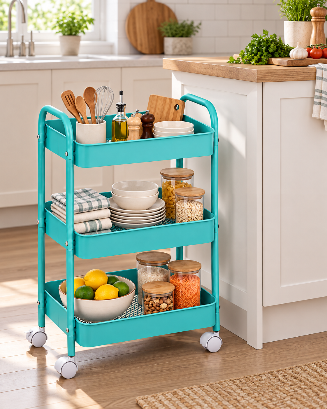 3-Tier Slim Metal Storage Trolley on Wheels - Sky Blue