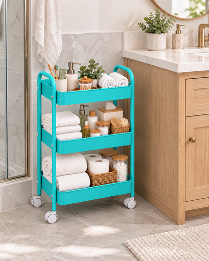 3-Tier Slim Metal Storage Trolley on Wheels - Sky Blue