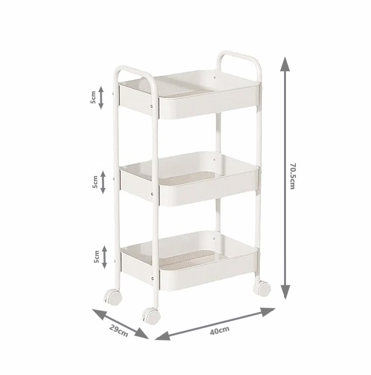 3-Tier Slim Metal Storage Trolley on Wheels - White