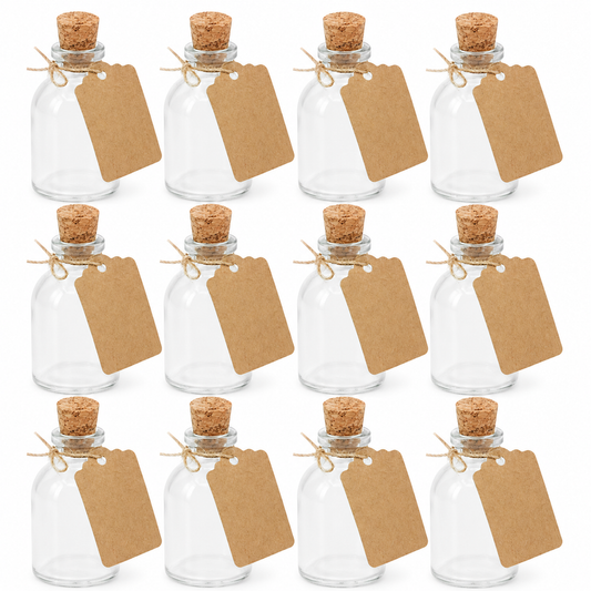 Mini 50ml Glass Bottles with Decorative Labels - Set of 12