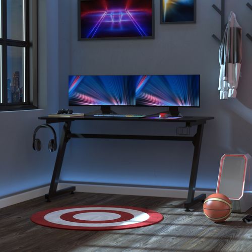 Gaming Desk Steel Frame with Cup, Headphone Holder & Adjustable Feet in Black