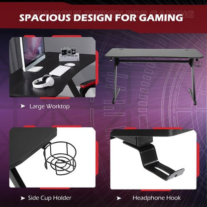 Gaming Desk Steel Frame with Cup, Headphone Holder & Adjustable Feet in Black