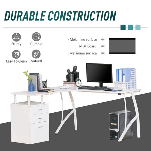 L-Shaped Corner PC Desk Table with Drawer in White