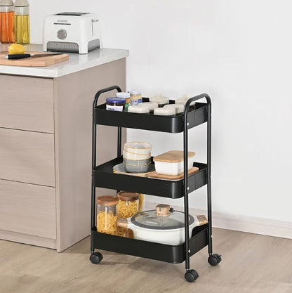 3-Tier Slim Metal Storage Trolley on Wheels - Black
