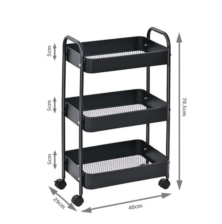 3-Tier Slim Metal Storage Trolley on Wheels - Black