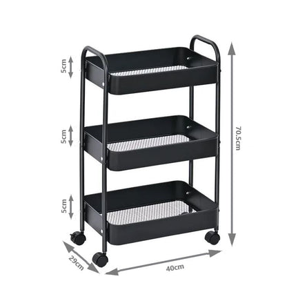 3-Tier Slim Metal Storage Trolley on Wheels - Black