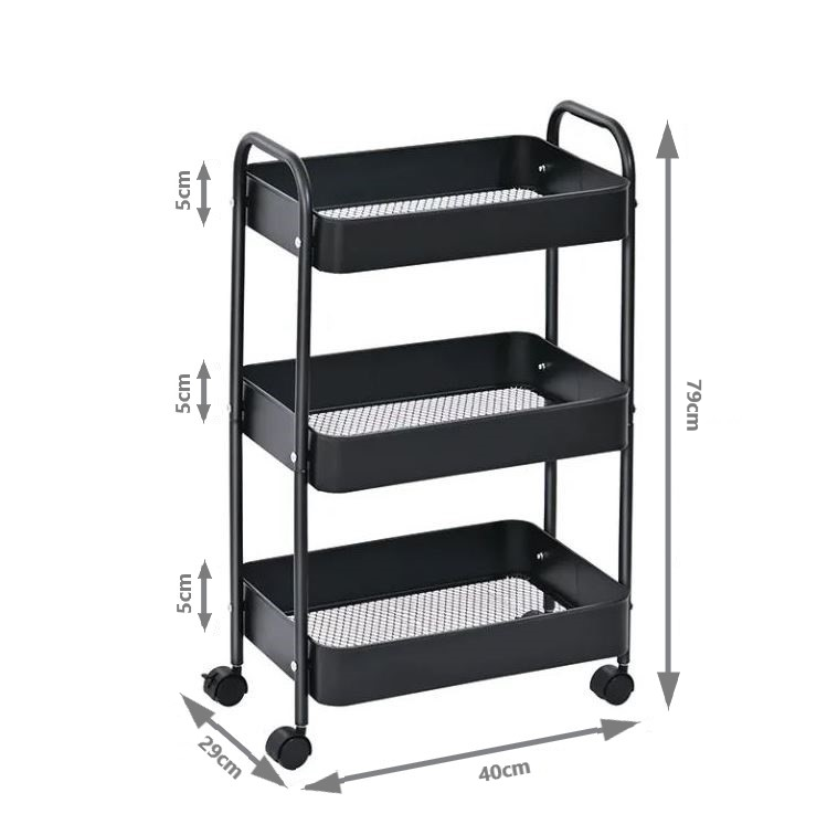 3-Tier Slim Metal Storage Trolley on Wheels - Black