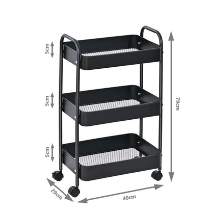 3-Tier Slim Metal Storage Trolley on Wheels - Black