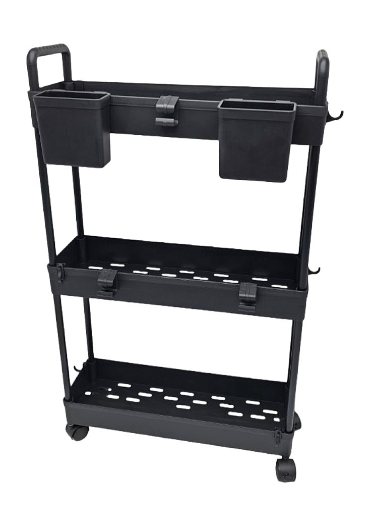3-Tier Ultra Slim Storage Trolley with Cups - Black