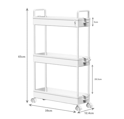 3-Tier Ultra Slim Storage Trolley with Cups - White