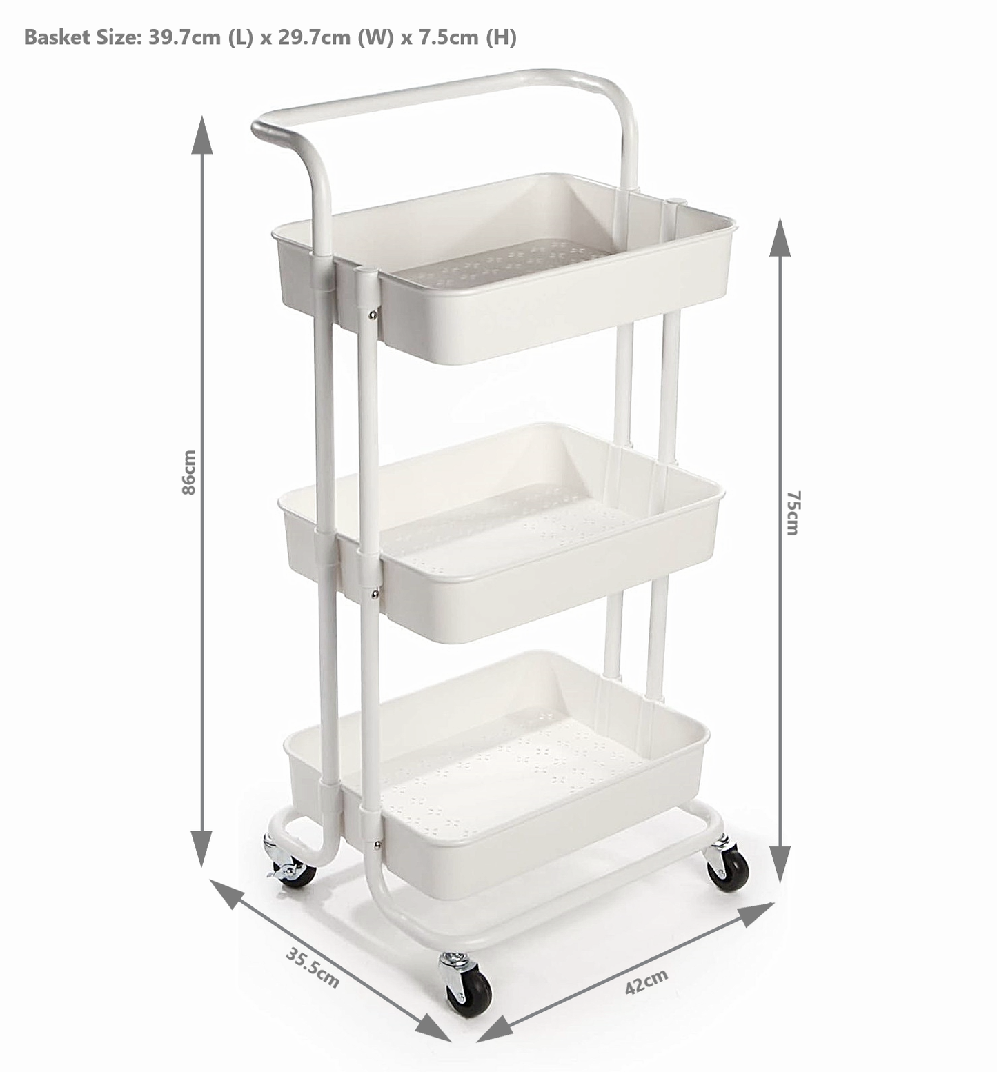 3-Tier Plastic Storage Trolley - White