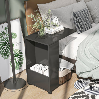 Mobile Sofa Side Table for Laptop Coffee with Storage and Casters in Black