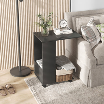 Mobile Sofa Side Table for Laptop Coffee with Storage and Casters in Black
