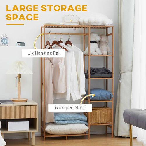 Bamboo Clothes Rail Garment Rack with 6 Tier Storage Shelf Hanging Rod