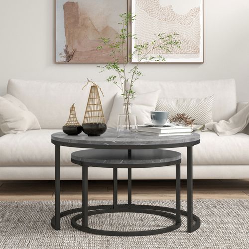 Stacking Coffee Table Set Steel Frame Marble - Effect Top - 2 Pcs