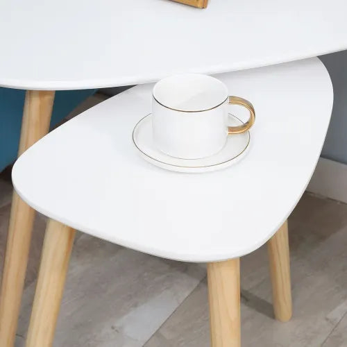 Side Table Nested Coffee Table with Solid Wood Legs in White - Set of 2