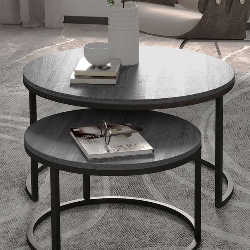 Stacking Coffee Table Set Steel Frame Wood Effect Top - 2 Pcs