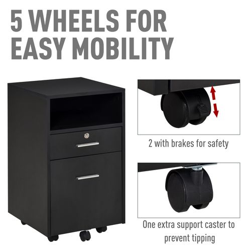Mobile File Cabinet Lockable Documents Storage with 5 Wheels in Black
