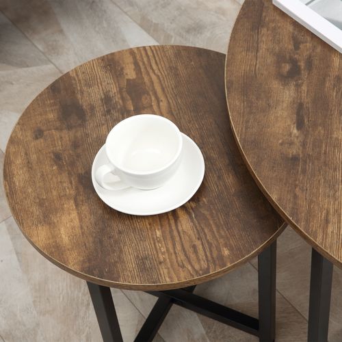 Round Coffee Table with Metal Frame Side Accent Brown - 2 Pcs