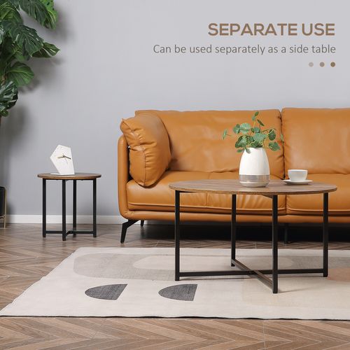 Round Coffee Table with Metal Frame Side Accent Brown - 2 Pcs