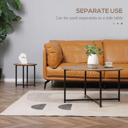 Round Coffee Table with Metal Frame Side Accent Brown - 2 Pcs