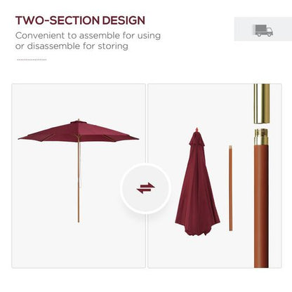 3m Wooden Garden Parasol, Sun Shade in Wine Red