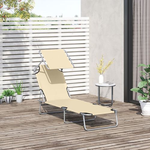 Folding Chair Sun Lounger with Sunshade Garden Recliner in Beige