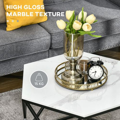 Coffee Table Cocktail Table  High Gloss Marble Top Steel Frame White