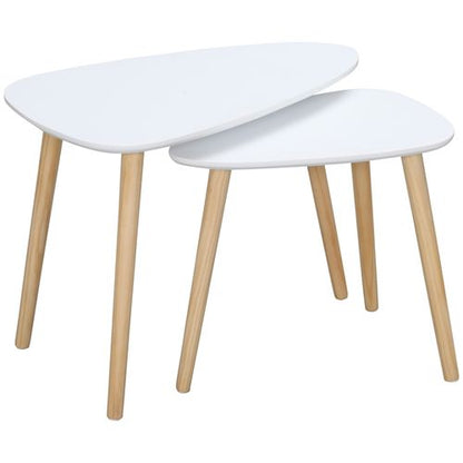 Side Table Nested Coffee Table with Solid Wood Legs in White - Set of 2