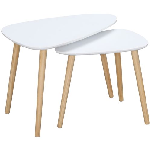 Side Table Nested Coffee Table with Solid Wood Legs in White - Set of 2