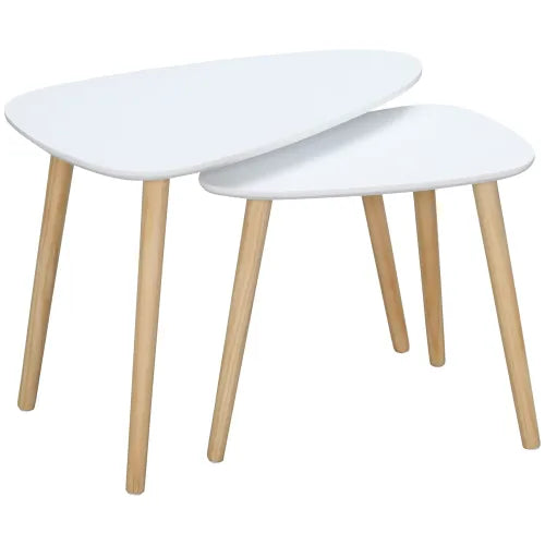 Side Table Nested Coffee Table with Solid Wood Legs in White - Set of 2