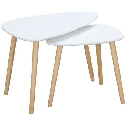 Side Table Nested Coffee Table with Solid Wood Legs in White - Set of 2