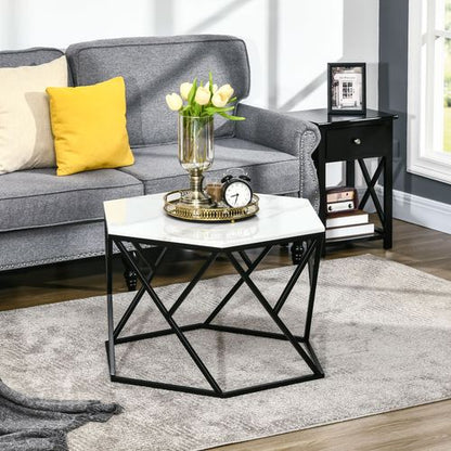 Coffee Table Cocktail Table  High Gloss Marble Top Steel Frame White