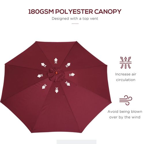 3m Wooden Garden Parasol, Sun Shade in Wine Red