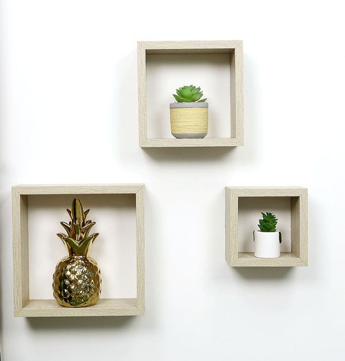 Cube Oak Floating Wall Shelf - Set of 3