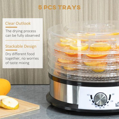 5-Tier 250W Stainless Steel Food Dehydrator - Silver