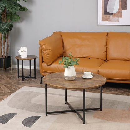 Round Coffee Table with Metal Frame Side Accent Brown - 2 Pcs